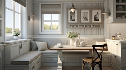 A cozy nook in the kitchen for morning coffee with a built-in banquette.