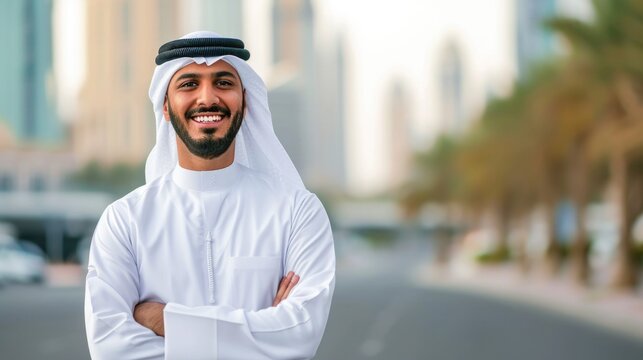 Arabic businessman in Dubai standing confidently and looking at camera with smile .