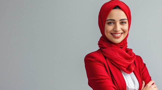 Portrait of smiling young arabian girl in red hijab looking at camera on light background, widescreen. Beautiful muslim successful business lady