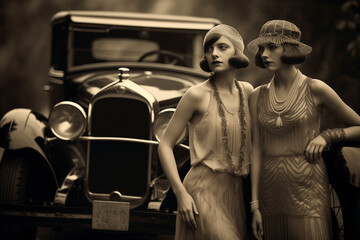 Vintage Photo of Flapper Women in Front of Car