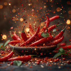 spicy chilli peppers falling in sharp studio light