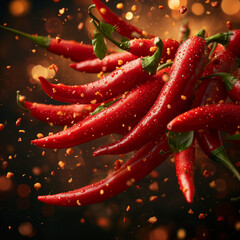 spicy chilli peppers falling in sharp studio light