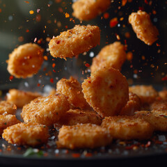 Delicious fried chicken nuggets falling in sharp studio lighting