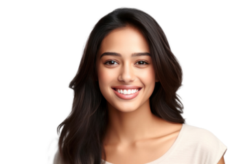 A beautiful young indian model woman smiling with clean teeth isolated on a transparent background.