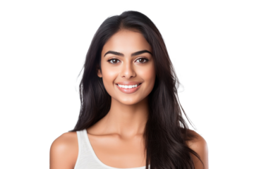 A beautiful young indian model woman smiling with clean teeth isolated on a transparent background.