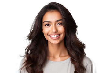 A beautiful young indian model woman smiling with clean teeth isolated on a transparent background. - obrazy, fototapety, plakaty