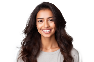 A beautiful young indian model woman smiling with clean teeth isolated on a transparent background.