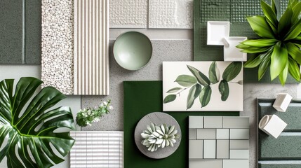 Creative flat lay composition of interior designer moodboard with textile and paint samples, panels and cement tiles. Beige, grey and green color palette. Copy space. Template.