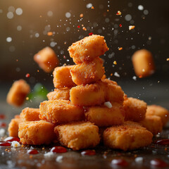 Delicious fried chicken nuggets falling in sharp studio lighting