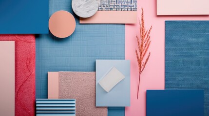 Creative flat lay composition with textile and paint samples, panels and tiles. Stylish interior designer moodboard. Pink, blue , peach  and light grey color palette. Copy space. Template.