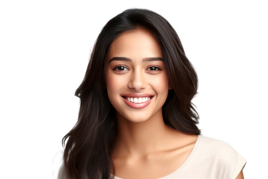 A beautiful young indian model woman smiling with clean teeth isolated on a transparent background.