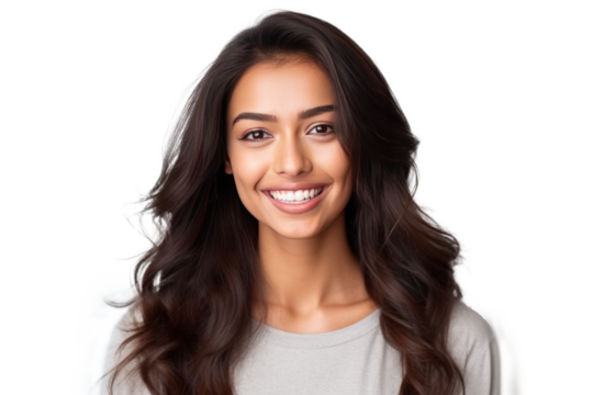 A beautiful young indian model woman smiling with clean teeth isolated on a transparent background.