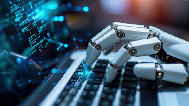 close up of a computer keyboard with a robot hand typing 