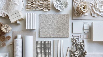 Classic flat lay composition in beige and gray color palette with textile and paint samples, panels...