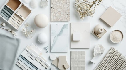 Modern flat lay composition in white and oceanic colors palette with textile and paint samples, lamella panels and tiles. Architect and interior designer moodboard. Top view. Copy space. - obrazy, fototapety, plakaty