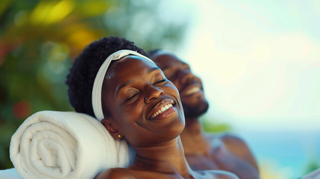 An moment as a black couple relaxes with a serene embrace in a tranquil exitic spa, surrounded by lush greenery