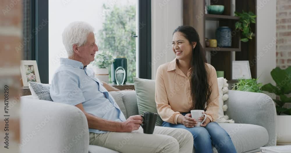 Poster Old man, home and woman with coffee, bonding together couch and conversation in living room. Care, kind and support with happiness and communication with grandfather, laughing and enjoy time