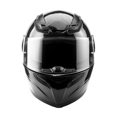 A black motorcycle carbon integral crash helmet isolated on a transparent background.
