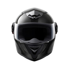 A black motorcycle carbon integral crash helmet isolated on a transparent background.