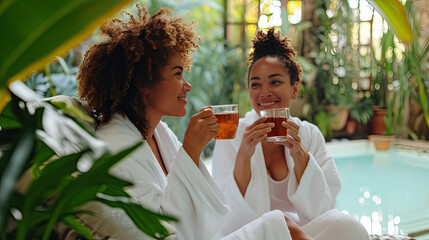 Two young women enjoying a relaxing moment with tea in a lush spa tropical and exotic setting