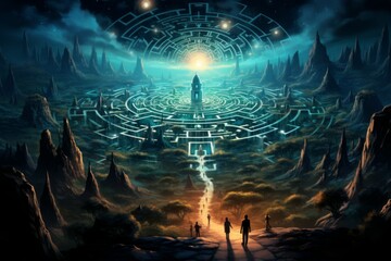 Mesmerizing celestial mazes, challenging adventurers with their shifting paths - Generative AI - obrazy, fototapety, plakaty