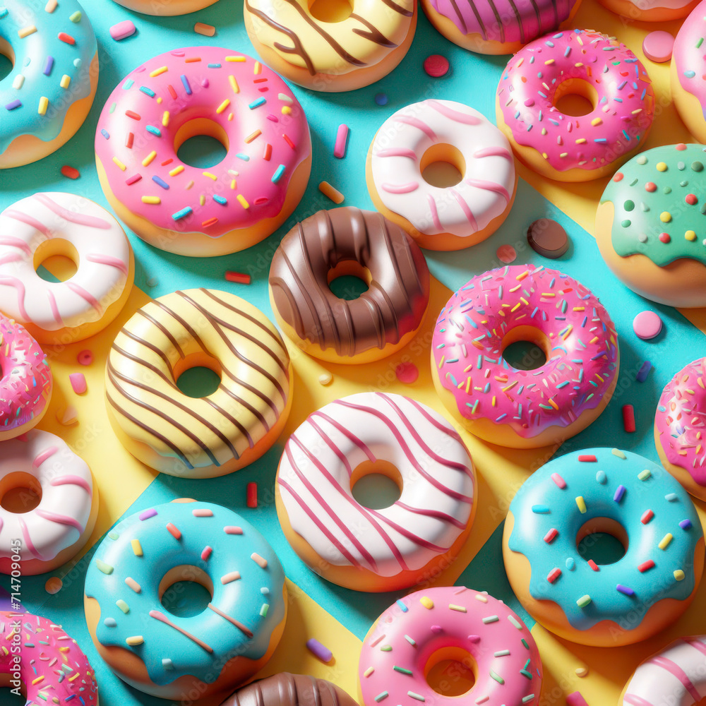 Poster 3d donuts pattern background isolated on bright color background. ai generative
