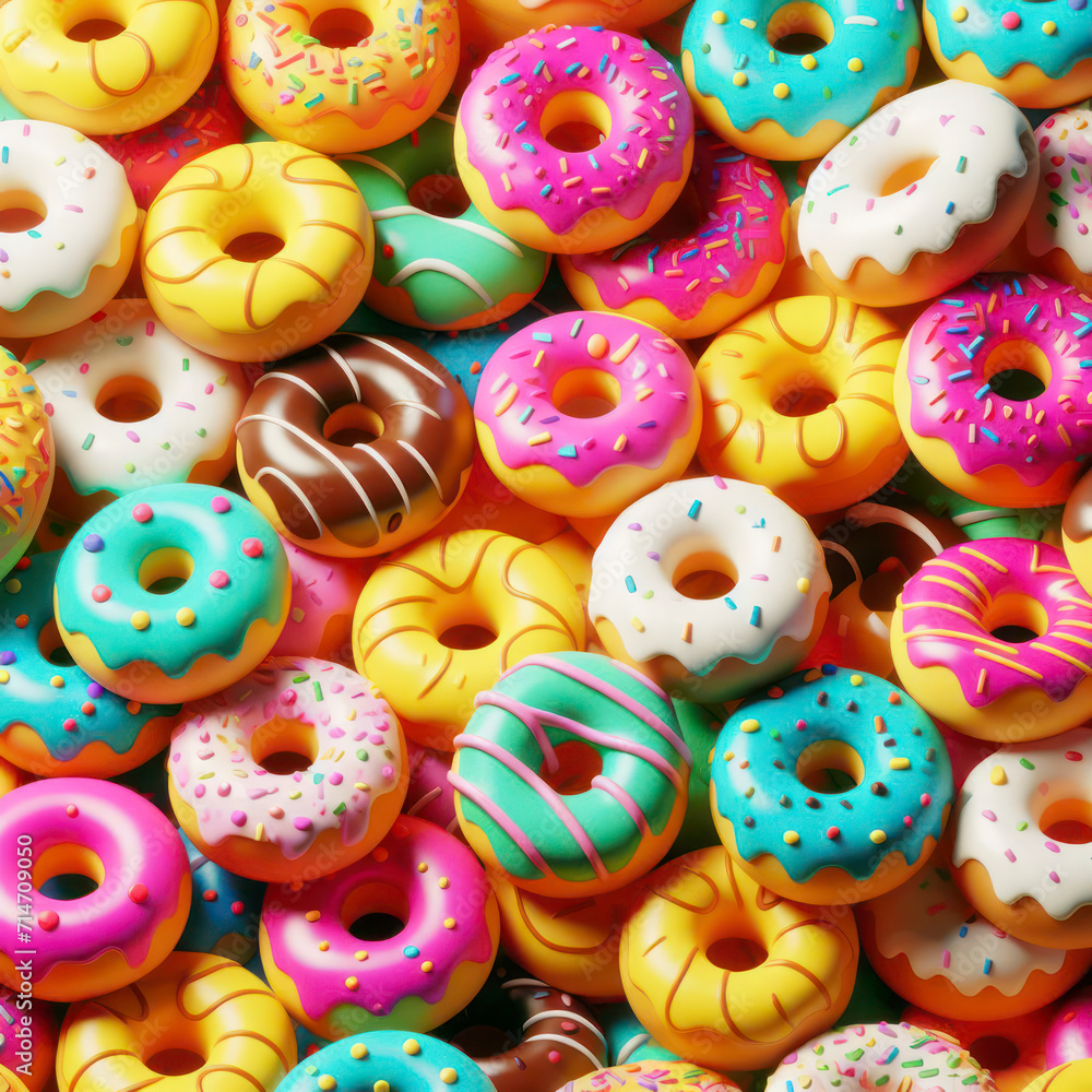 Poster 3d donuts pattern background isolated on bright color background. ai generative