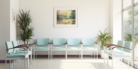 Interior of empty hospital hallway or waiting room with blue chairs standing in rows