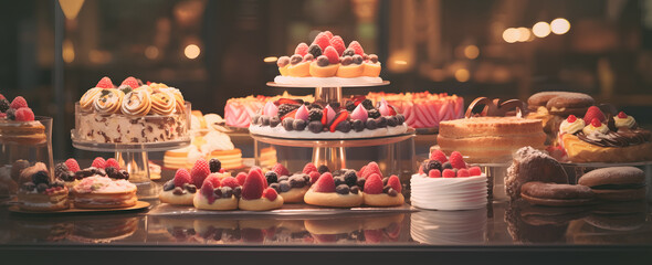 Cakes and confectionery products with pieces of fruit and berries placed on glass display case