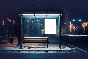 Bus stop with empty white advertisement sign board mounted vertically on glass - obrazy, fototapety, plakaty