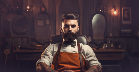 Fototapeta na wymiar Portrait of bearded brutal barber seated in armchair in barbershop with vintage interior