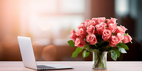Bouquet of red beautiful flowers stands in glass vase on wooden table near open laptop