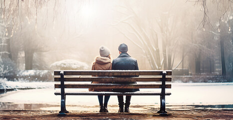 Rear view of couple in love sitting on wooden bench under trees in winter urban park - obrazy, fototapety, plakaty