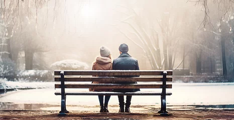 Fototapeten Rear view of couple in love sitting on wooden bench under trees in winter urban park © Bonsales