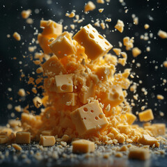 Professional food image. Delicious cheese falling in studio shot with strong lighting contrast