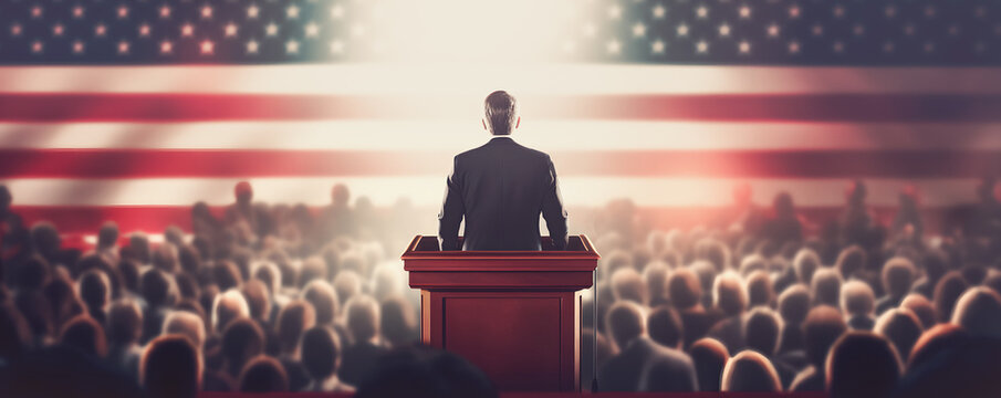 US presidential candidate speaks on podium with microphone at election meeting