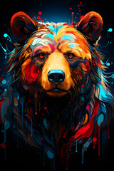 Abstract, multicolored neon portrait of a bear looking forward, in the style of pop art on a black background.