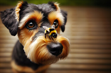An ultra close-up of a shorthair tortoiseshell dog with its eyes focused on a bumble bee sitting on its nose
