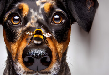 ultra close-up of a shorthair tortoiseshell dog with its eyes focused on a bumble bee sitting on its nose
