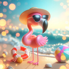 3d Funny flamingo in sunglasses on summer sea beach bokeh background. ai generative