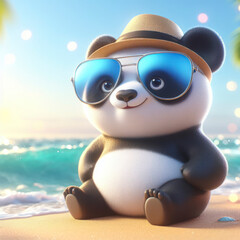 3d Funny panda in sunglasses on summer sea beach bokeh background. ai generative