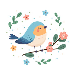 Cute bird on a branch with decorative elements in flat style. Spring bird on a flowering branch. Decorative elements on a white background.