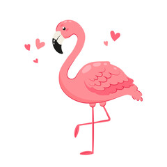 Pink flamingo in flat style with hearts. Tropical bird on a white background.