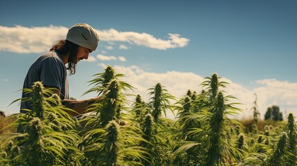 A man holds a pot of flowering cannabis against a green field. Cultivation of hemp. Leaf of a medicinal plant. Collect flowering indica.