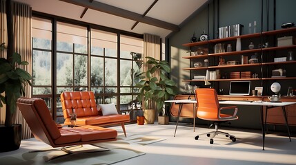 A home office with a mid-century modern aesthetic.