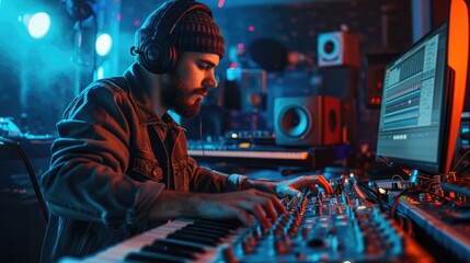 Hipster singer and music producer recording songs in music studio - obrazy, fototapety, plakaty