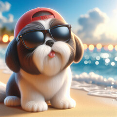 3d Funny Shih Tzu dog in sunglasses on summer sea beach bokeh background. ai generative