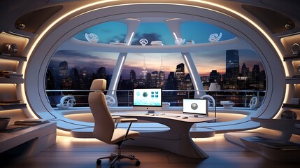 A home office with a tech-savvy and futuristic look.
