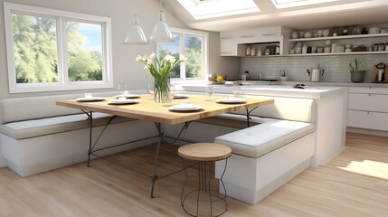 Fototapeta na wymiar A kitchen island with built-in seating for casual dining.