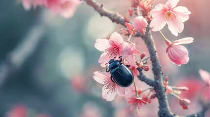 un scarabée noir sur une fleur de cerisier au printemps